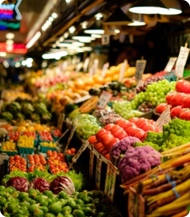 market stalls stocked with vegetabless